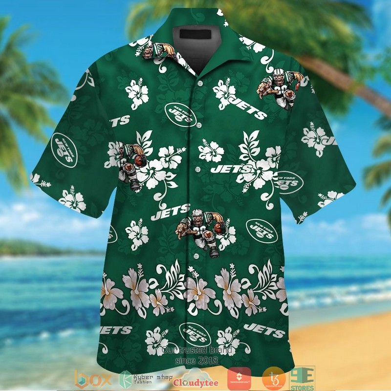 New York Jets White Hibiscus Flower Pattern Hawaiian Shirt short