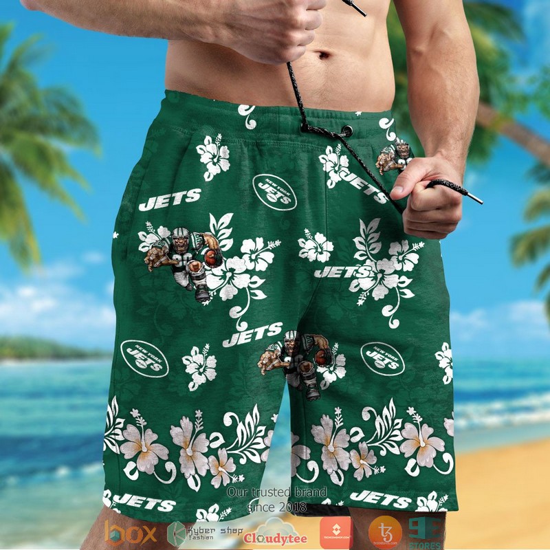 New York Jets White Hibiscus Flower Pattern Hawaiian Shirt short 1 2 3 4