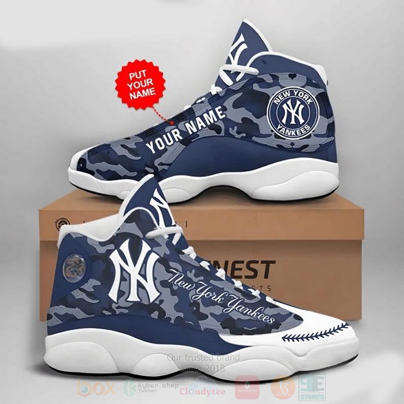 New York Yankees Football MLB Camo Custom Name Air Jordan 13 Shoes