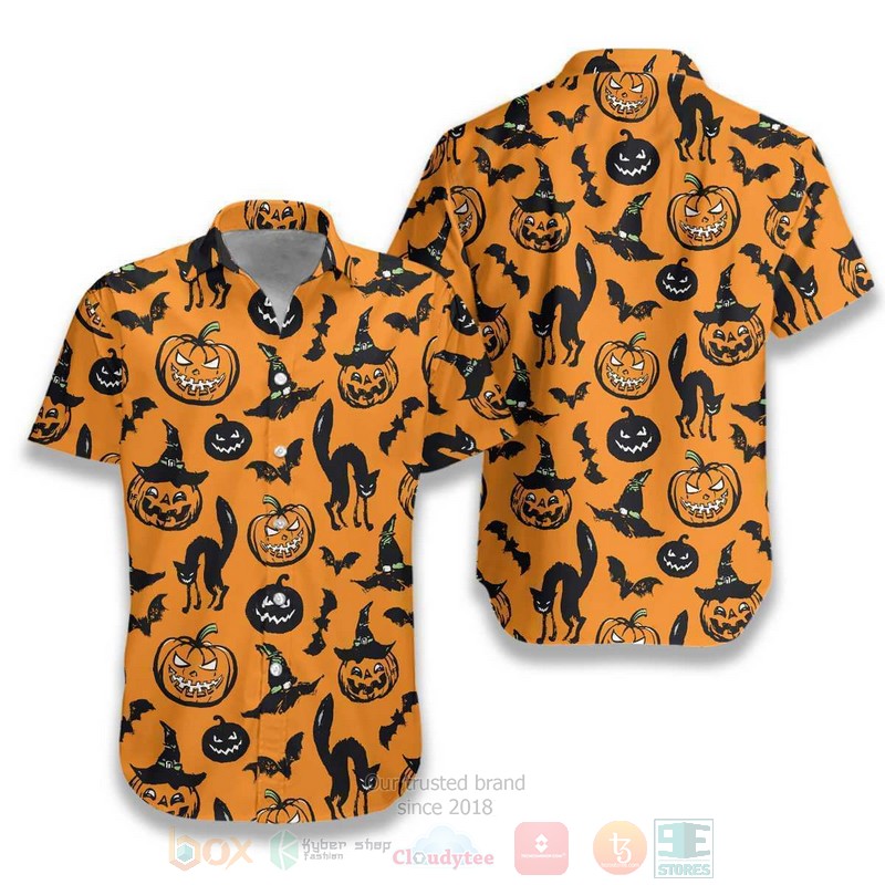 Halloween Black Cat Pumpkin And Bat Orange Hawaiian Shirt