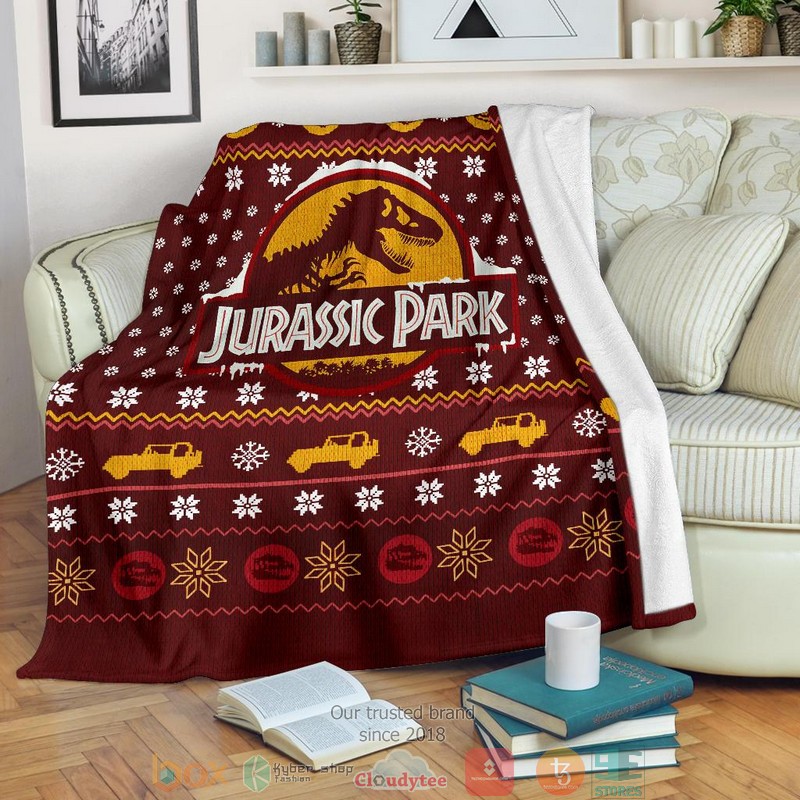 Jurassic Park Red Ugly Christmas Blanket 1