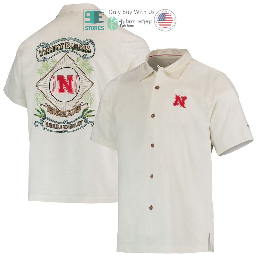 nebraska huskers tommy bahama run like you stole it camp white hawaiian shirt 1 80363