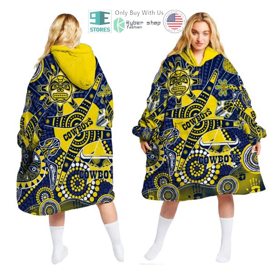 nrl north queensland cowboys aboriginal pattern sherpa hooded blanket 2 46781