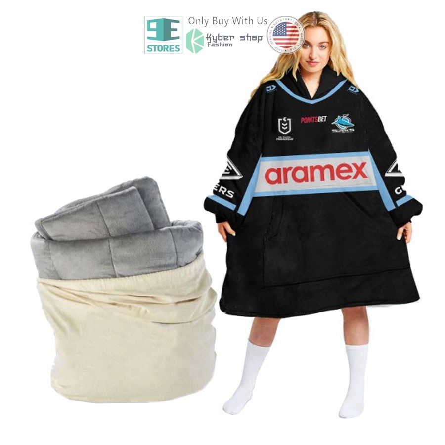 personalized cronulla sutherland aramex black sharks sherpa hooded blanket 1 16931