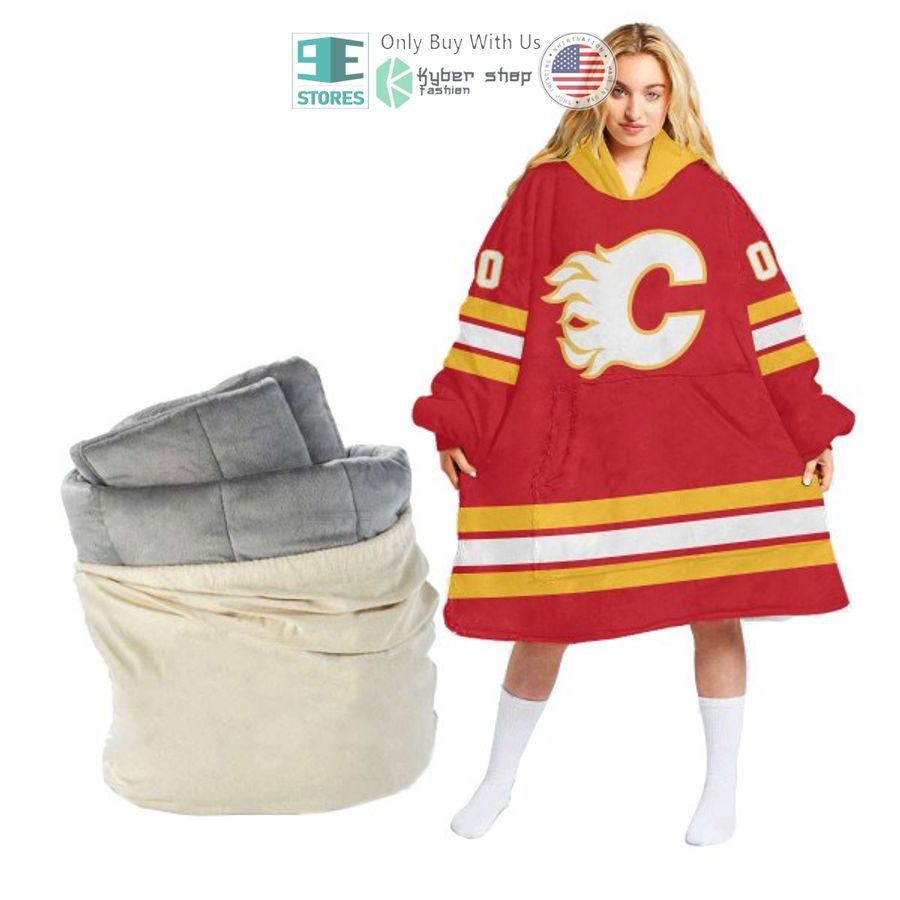 personalized nhl calgary flames logo sherpa hooded blanket 1 47030