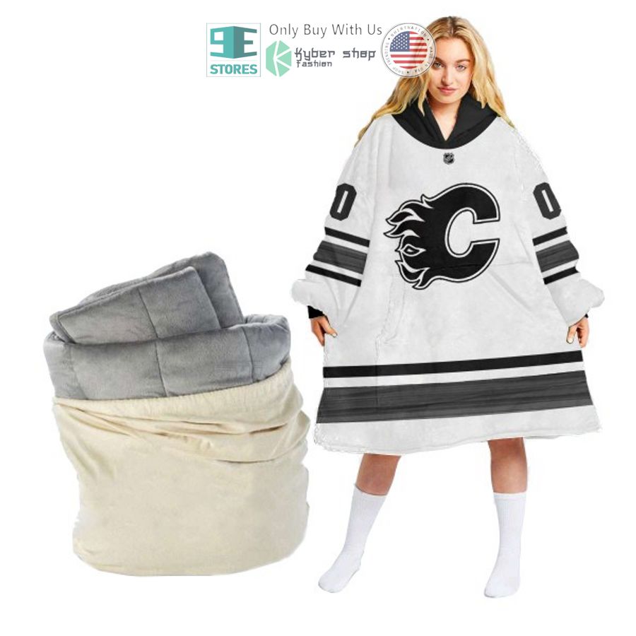 personalized nhl calgary flames white sherpa hooded blanket 1 86107