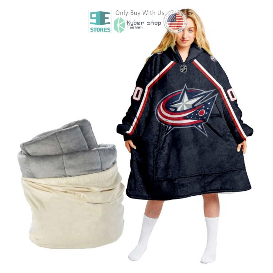 personalized nhl columbus blue jackets black sherpa hooded blanket 1 33918