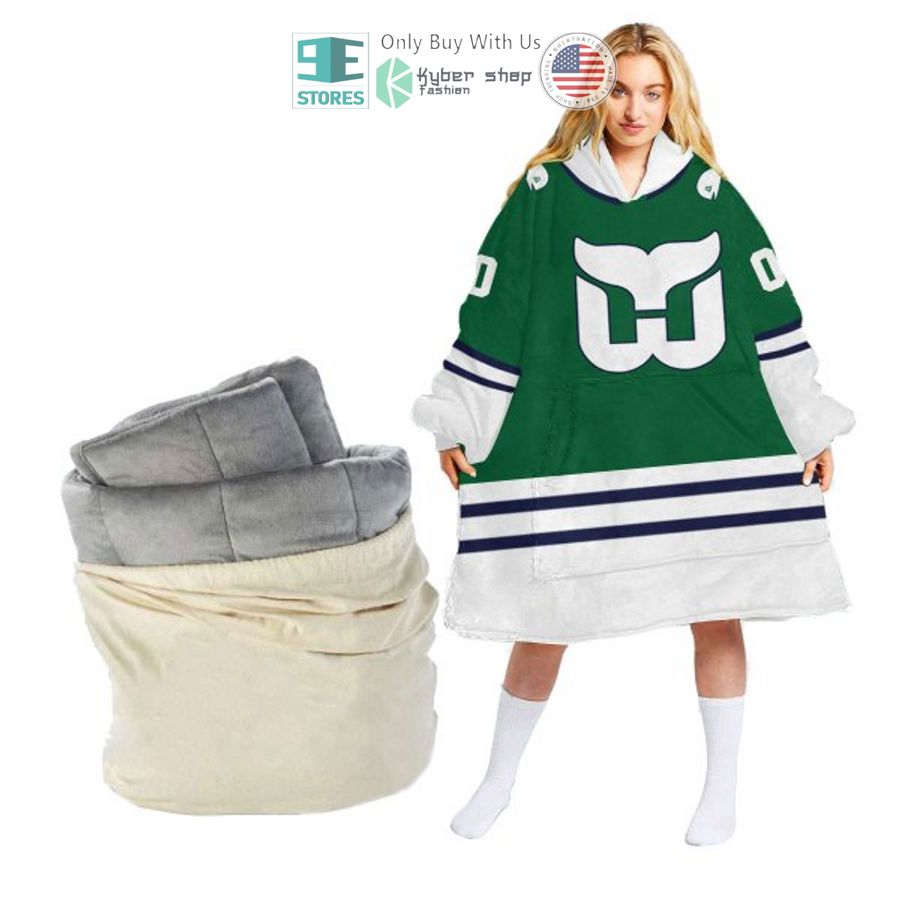 personalized nhl hartford whalers logo white striped sherpa hooded blanket 1 13216