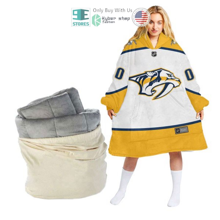 personalized nhl nashville predators logo white sherpa hooded blanket 2 78417