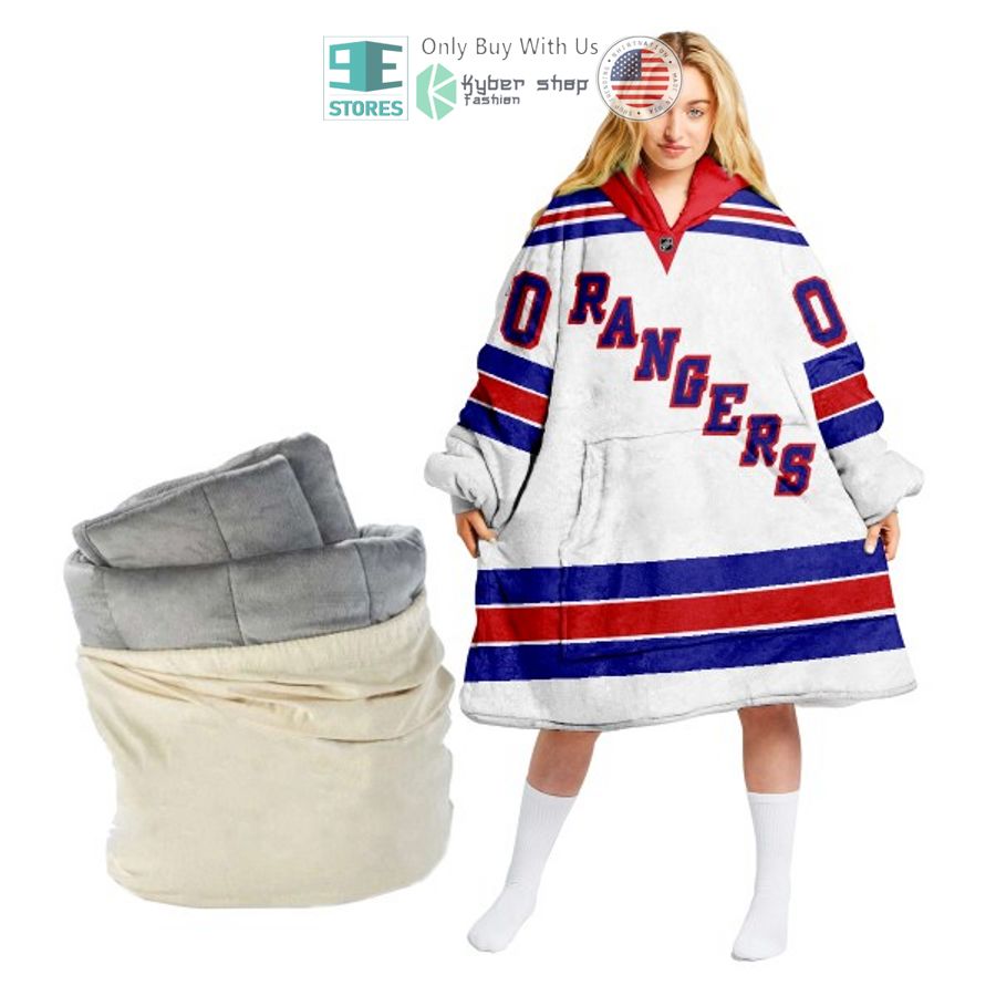 personalized nhl new york rangers white sherpa hooded blanket 1 25916