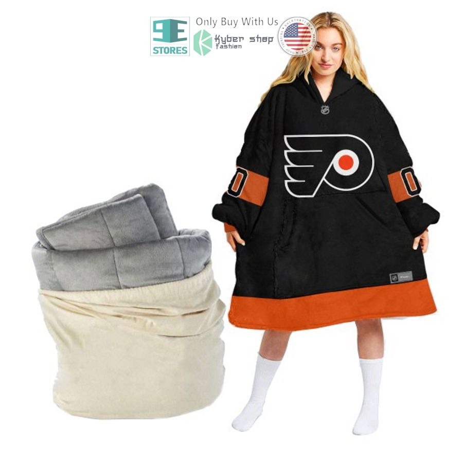 personalized nhl philadelphia flyers black sherpa hooded blanket 1 47142