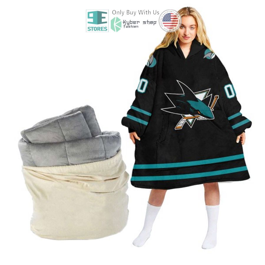 personalized nhl san jose sharks logo black sherpa hooded blanket 1 77120