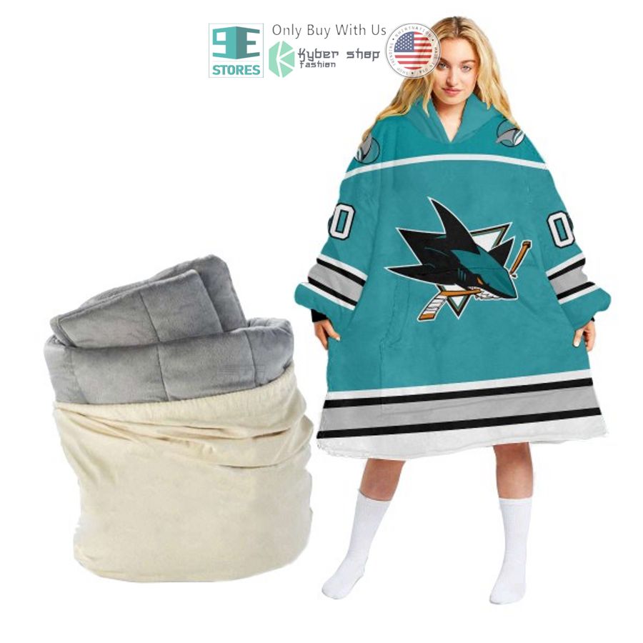 personalized nhl san jose sharks logo blue sherpa hooded blanket 1 66198