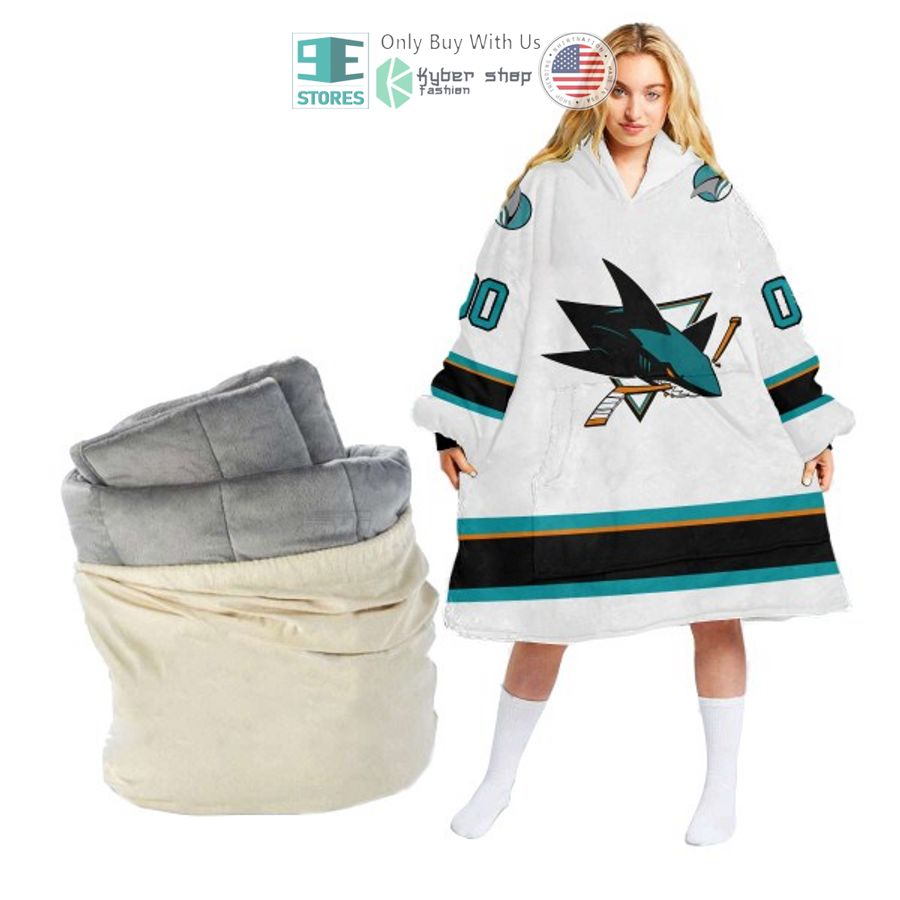 personalized nhl san jose sharks white sherpa hooded blanket 1 29387