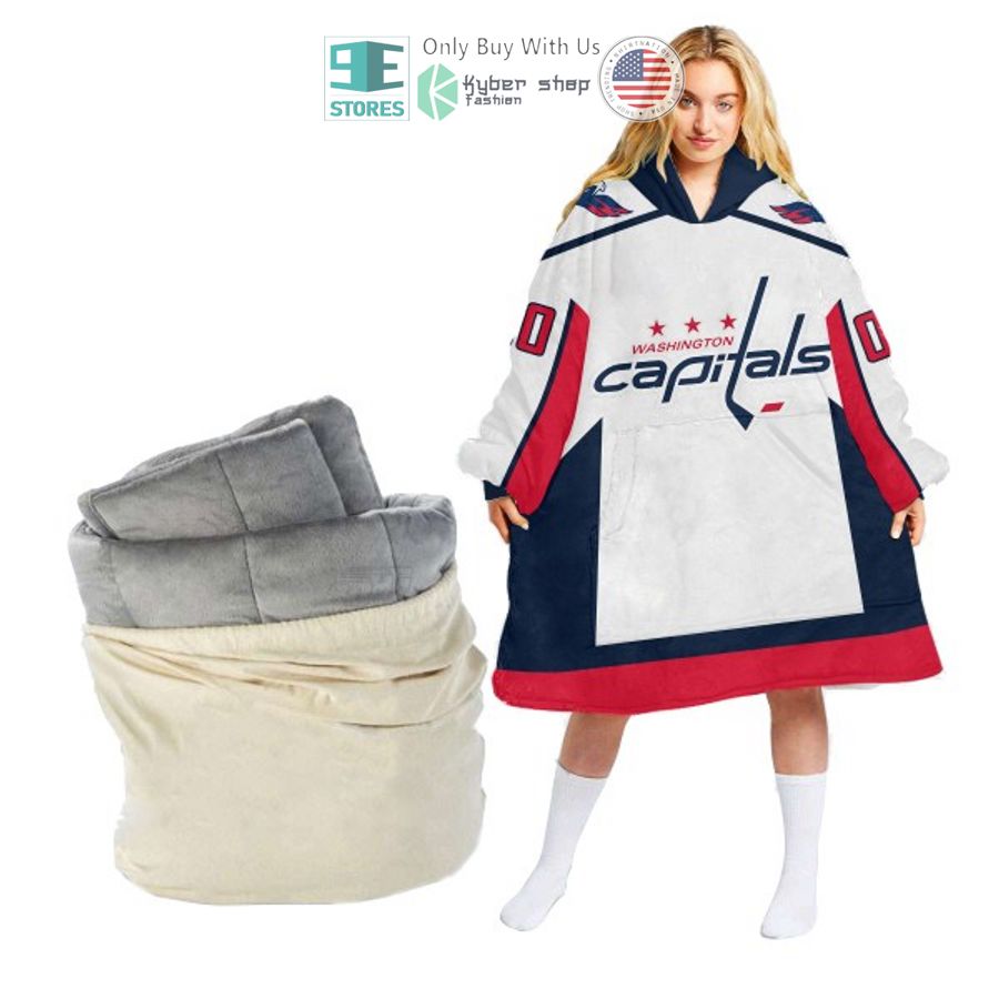 personalized nhl washington capitals white blue sherpa hooded blanket 1 35727