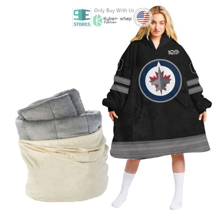 personalized nhl winnipeg jets black sherpa hooded blanket 1 52225