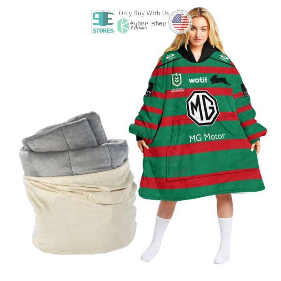 personalized nrl south sydney rabbitohs mg motor sherpa hooded blanket 1 48842