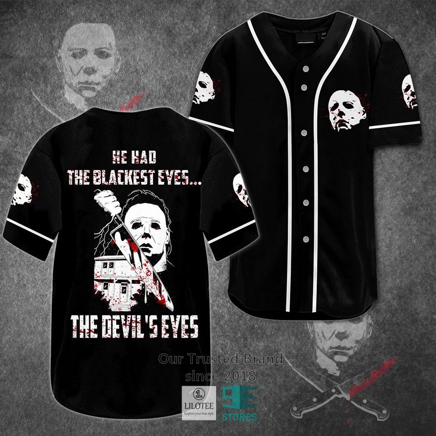 michael myers he has the blackest eyes horror movie baseball jersey 1 30241