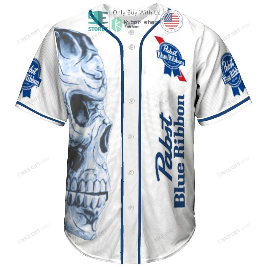 pabst blue ribbon beer logo skull white baseball jersey 2 35223