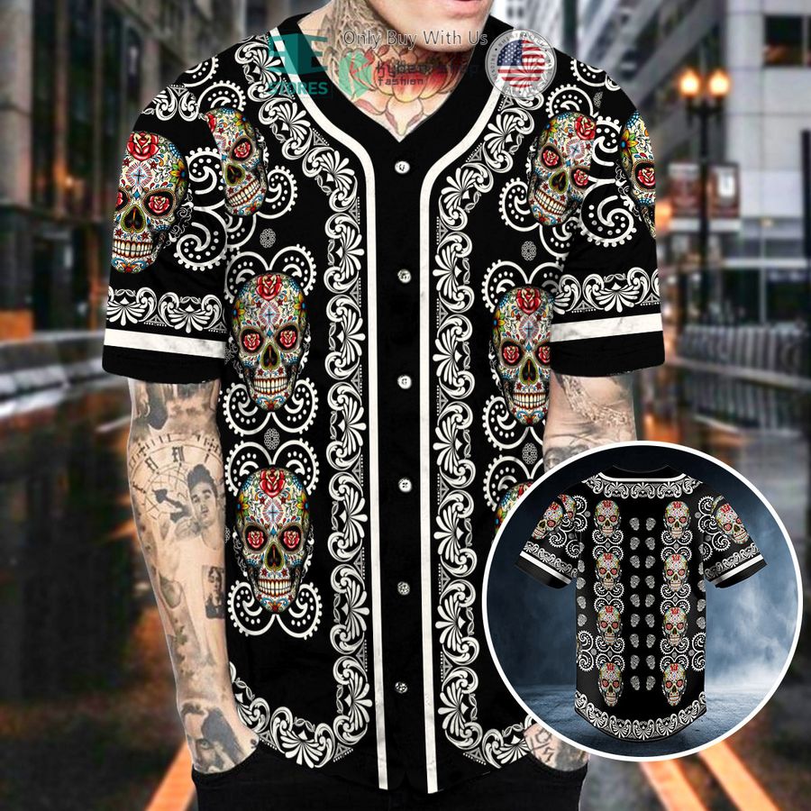 paisley pattern of colored sugar skull baseball jersey 2 78911