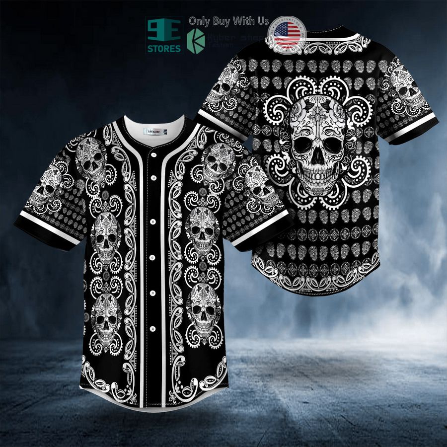 paisley pattern of white sugar skull head baseball jersey 1 34895