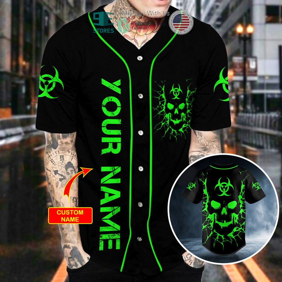 personalized biohazard symbol green flame skull custom baseball jersey 2 54335