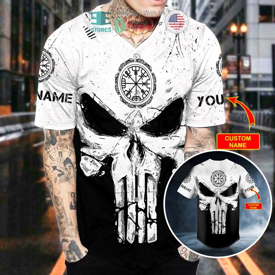 personalized black white norse compass punisher skull custom baseball jersey 2 34894