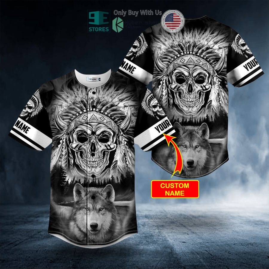 personalized black white wolf n native skull custom baseball jersey 1 82332