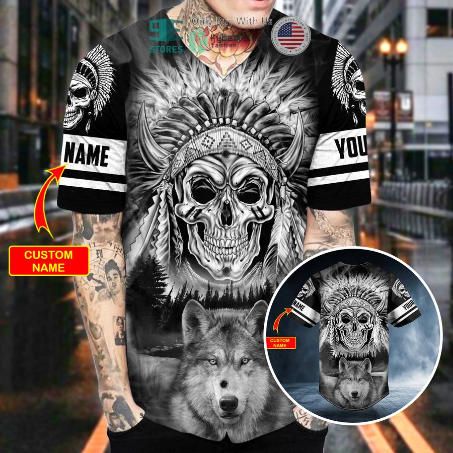 personalized black white wolf n native skull custom baseball jersey 2 53677