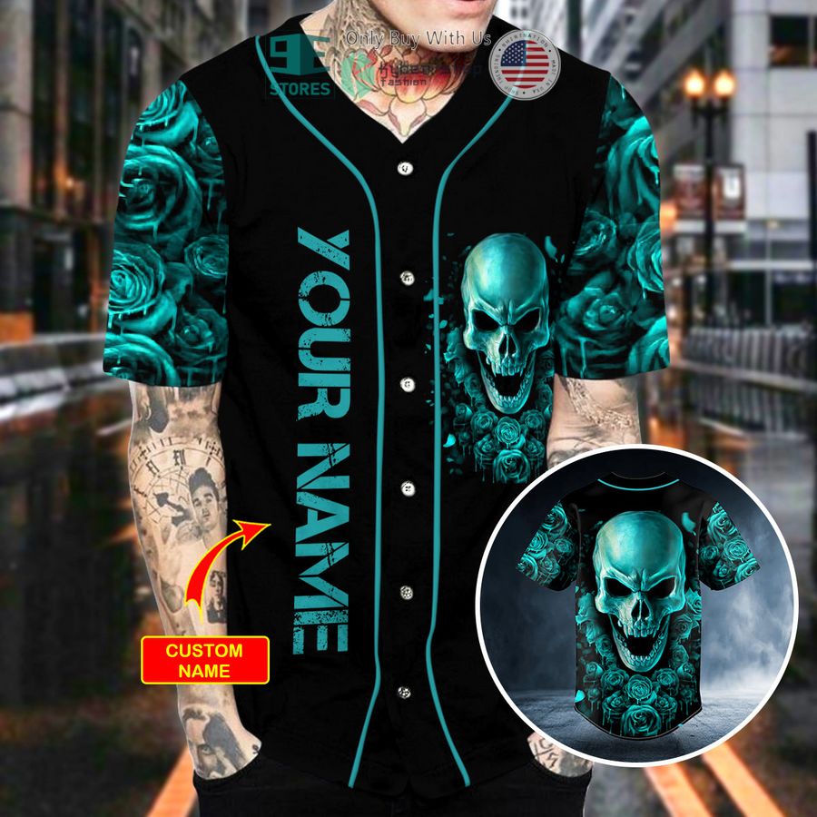 personalized dark aquamarine color roses sugar skull custom baseball jersey 2 75612