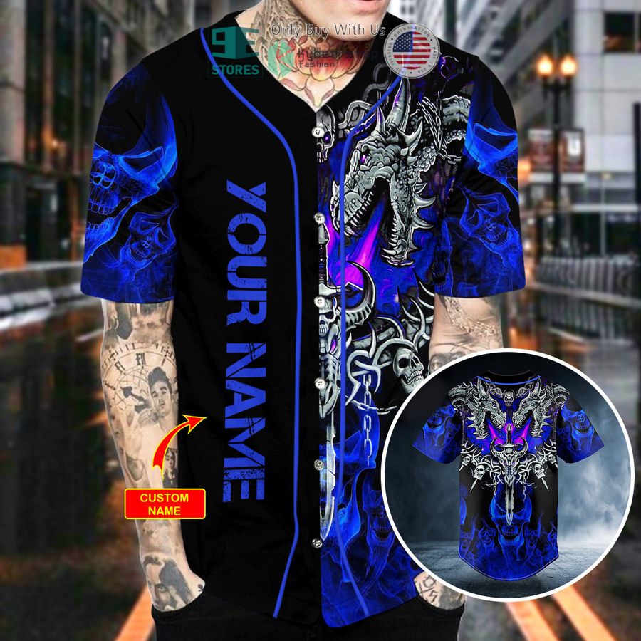 personalized dark blue dragon with skull sword custom baseball jersey 2 91756