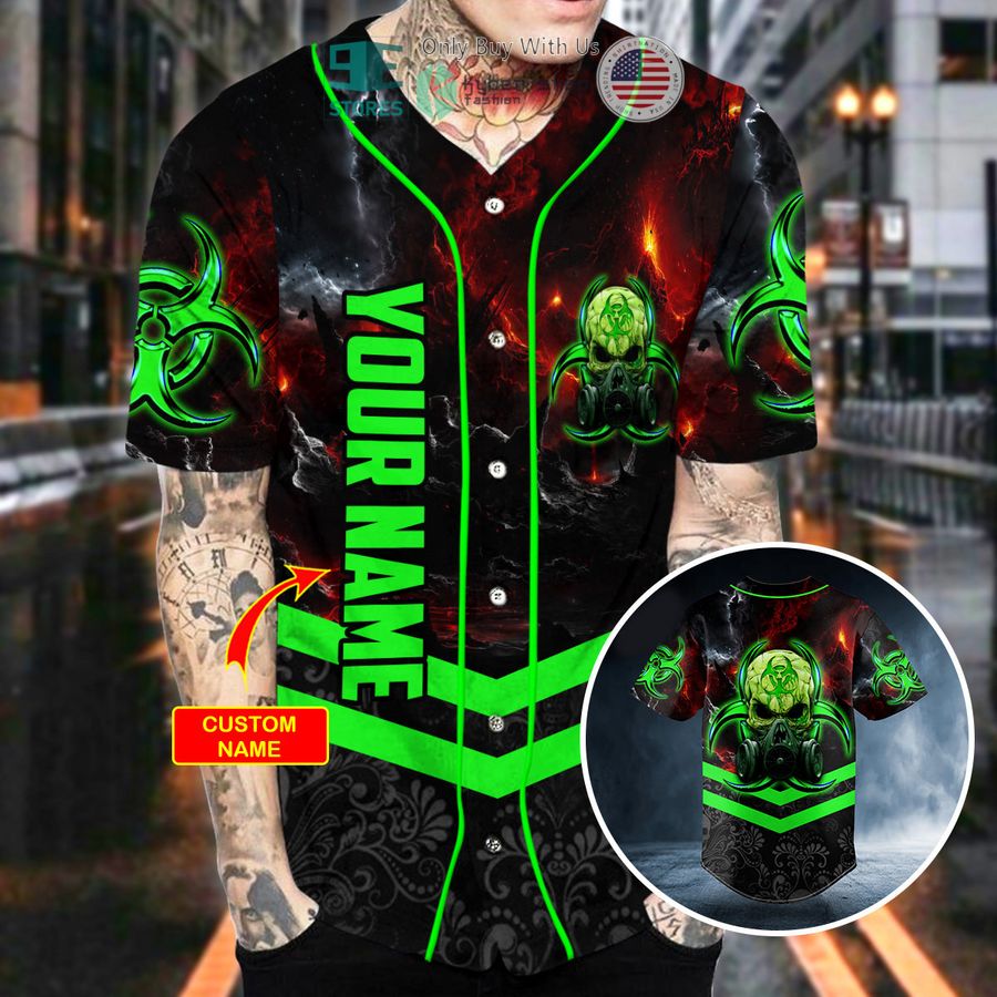 personalized green biohazard skull custom baseball jersey 2 98821