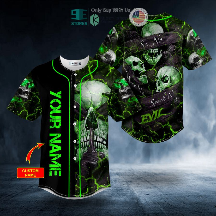 personalized hear no evil see no evil speak no evil custom green skull baseball jersey 1 95244