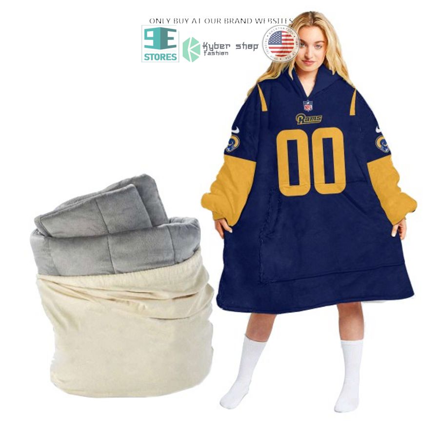 personalized los angeles rams blue yellow sherpa hoodie blanket 2 73563