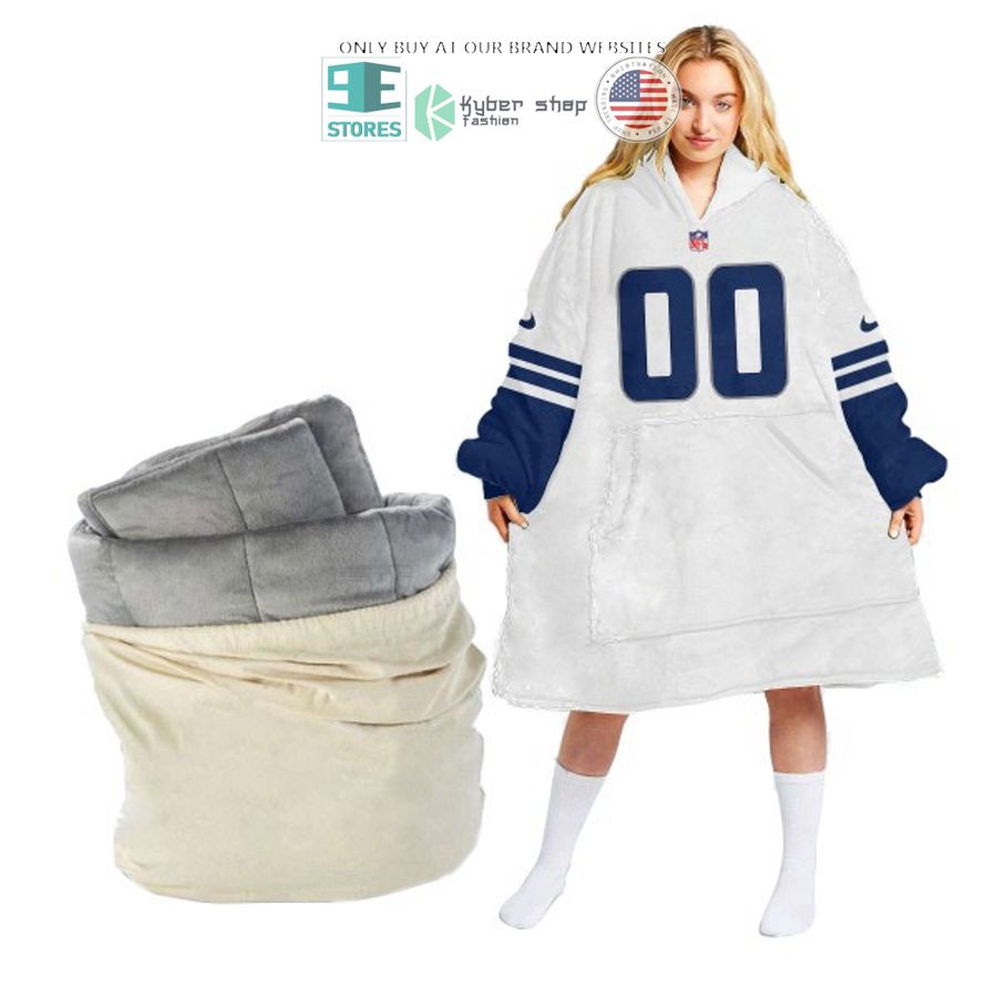 personalized nfl logo blue white sherpa hoodie blanket 1 82450