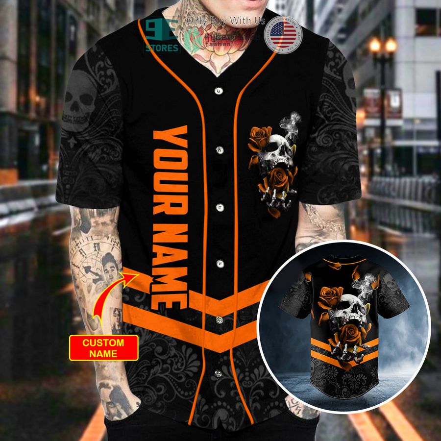 personalized orange roses sugar skull custom baseball jersey 2 10357