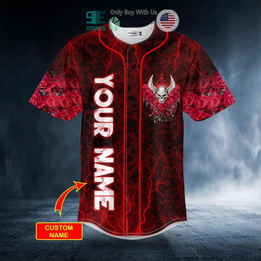 personalized red roses winged angel skull custom baseball jersey 2 85596