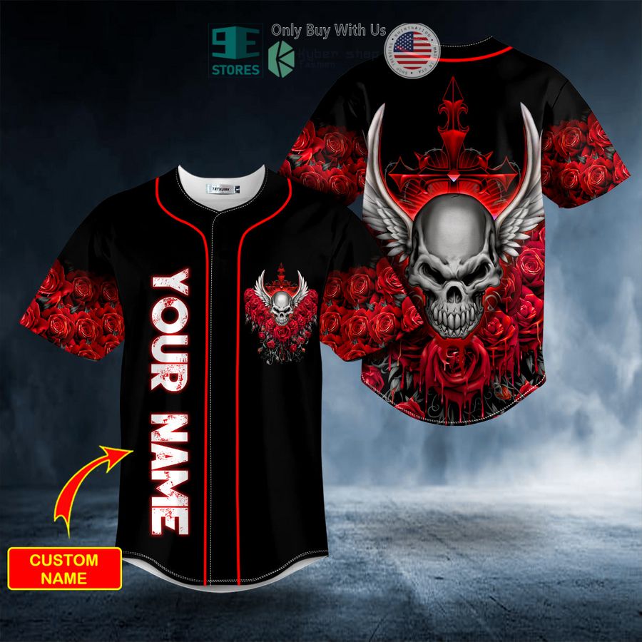 personalized roses winged skull custom baseball jersey 1 63465