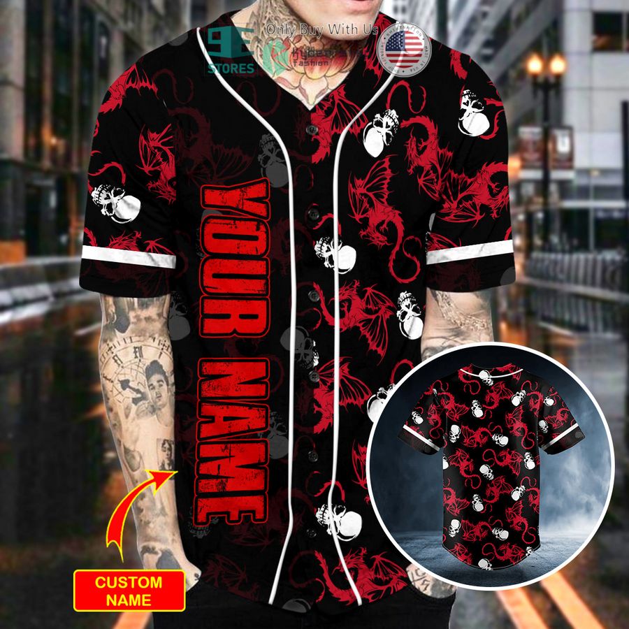 personalized tiny red dragon n white skull custom baseball jersey 2 69140