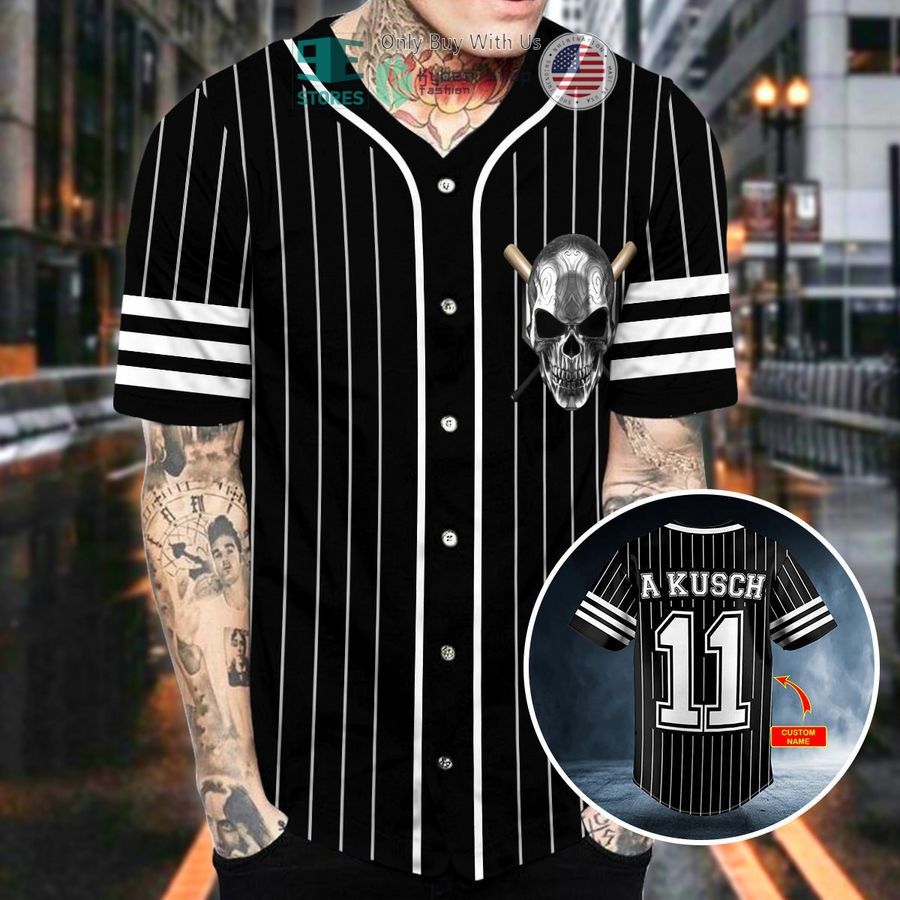 personalized white black stripes no 11 metal skull custom baseball jersey 2 63237