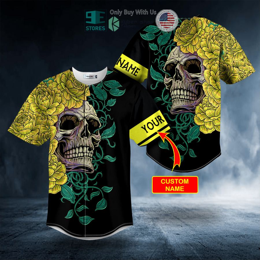 personalized yellow green floral sugar skull custom baseball jersey 1 11726