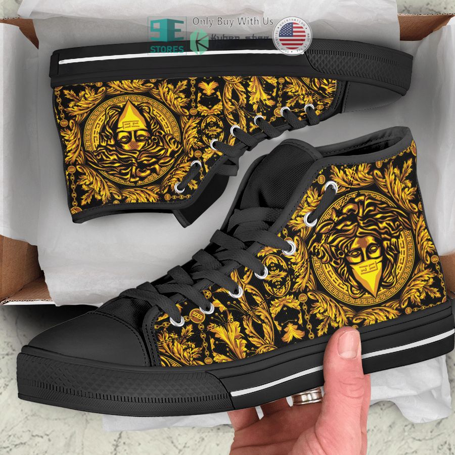 versace high end brand logo black gold canvas high top shoes 1 93644