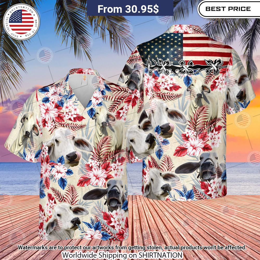 Brahman Cattle American Flag Flowers Hawaiian Shirt Cuteness overloaded