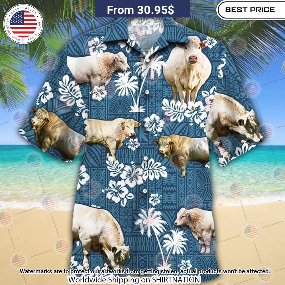 Charolais Cattle Blue Tribal Hawaiian Shirt Unique and sober