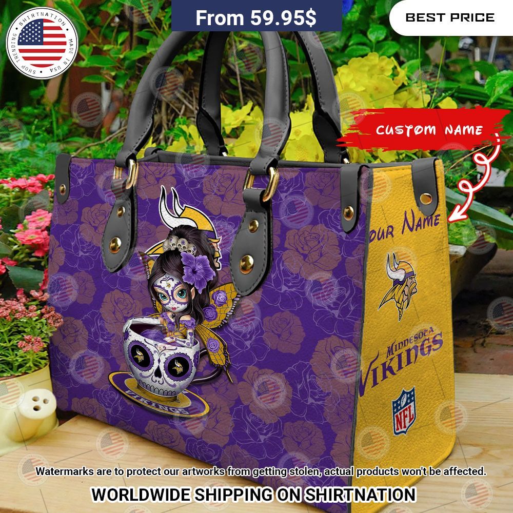 Custom Minnesota Vikings Sugar Skull Girl Leather Handbag Amazing Pic