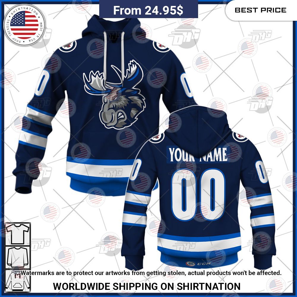 Personalized AHL Manitoba Moose Premier Jersey Navy Shirt Nice shot bro