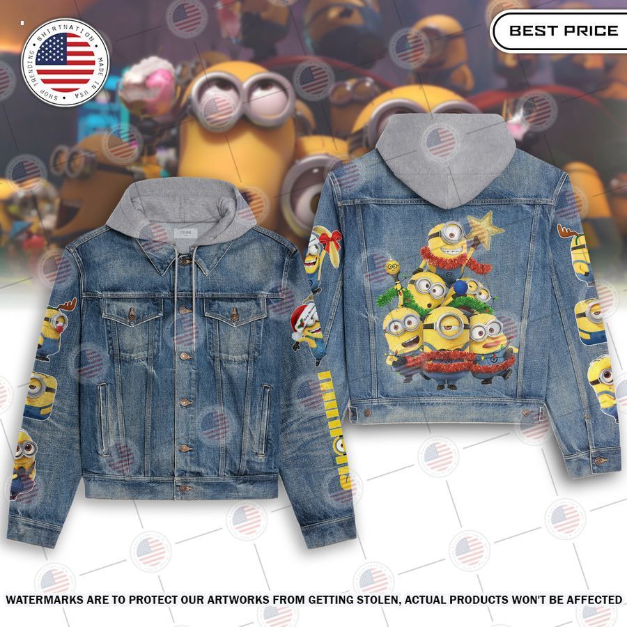 minions christmas tree hooded denim jacket 1