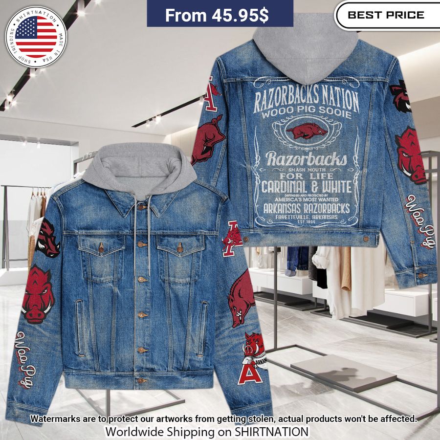 Arkansas Razorbacks Woo Pig Hooded Denim Jacket Rejuvenating picture