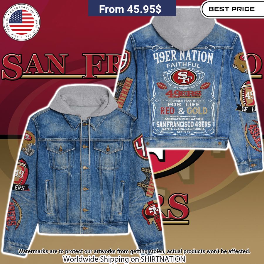 San Francisco 49ers Hooded Denim Jacket Elegant and sober Pic