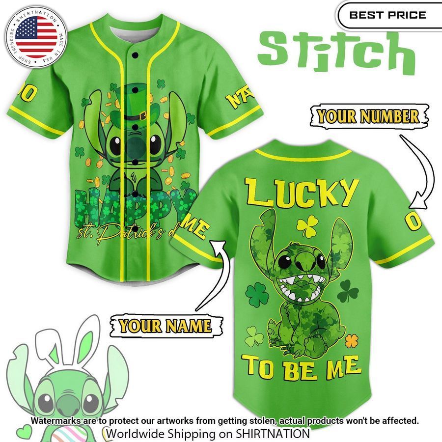 stitch lucky to be me st patricks day custom baseball jersey 1